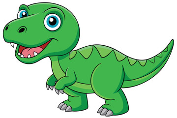 A cheerful cartoon tyrannosaurus with green scales and bright eyes stands smiling on a white background, Tyrannosaurus cartoon on white background.
