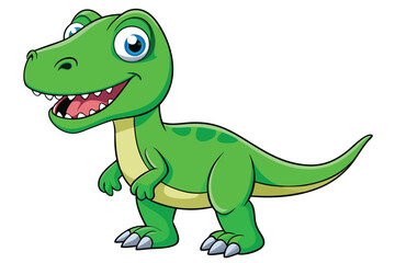 Fototapeta premium A cheerful cartoon tyrannosaurus with green scales and bright eyes stands smiling on a white background, Tyrannosaurus cartoon on white background.