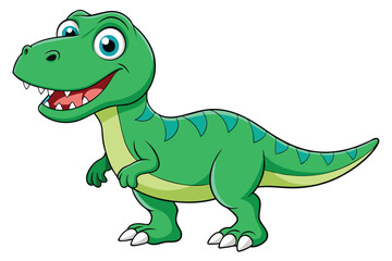 A cheerful cartoon tyrannosaurus with green scales and bright eyes stands smiling on a white background, Tyrannosaurus cartoon on white background.
