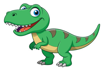 A cheerful cartoon tyrannosaurus with green scales and bright eyes stands smiling on a white background, Tyrannosaurus cartoon on white background.