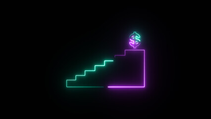 Glowing neon stairs with a dollar at the top represent achieving a goal. Continuous line businessman goes up the stairs on a laptop screen neon.