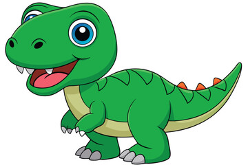 Fototapeta premium A cheerful cartoon tyrannosaurus with green scales and bright eyes stands smiling on a white background, Tyrannosaurus cartoon on white background.