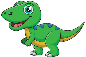 A cheerful cartoon tyrannosaurus with green scales and bright eyes stands smiling on a white background, Tyrannosaurus cartoon on white background.
