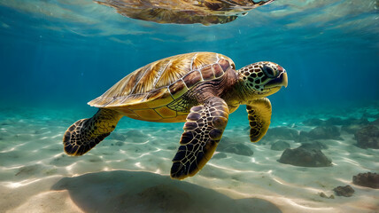 Obraz premium An endangered Hawaiian Green Sea Turtle cruises in the warm waters of the Pacific Ocean in Hawaii.