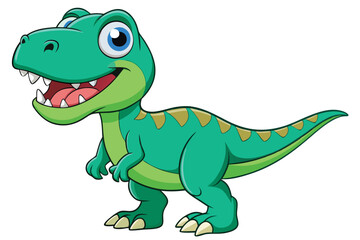 A cheerful cartoon tyrannosaurus with green scales and bright eyes stands smiling on a white background, Tyrannosaurus cartoon on white background.