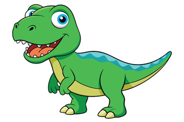 A cheerful cartoon tyrannosaurus with green scales and bright eyes stands smiling on a white background, Tyrannosaurus cartoon on white background.