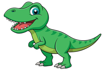 Fototapeta premium A cheerful cartoon tyrannosaurus with green scales and bright eyes stands smiling on a white background, Tyrannosaurus cartoon on white background.