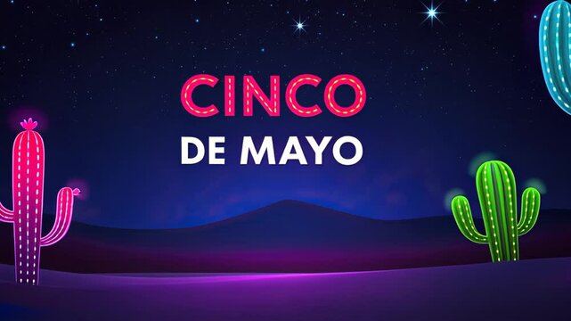 Neon cactus landscape with cinco de mayo celebration vibes under starry night