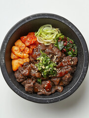 Authentic Korean bbq bulgogi, top-down view masterchef black stone plating, white background
