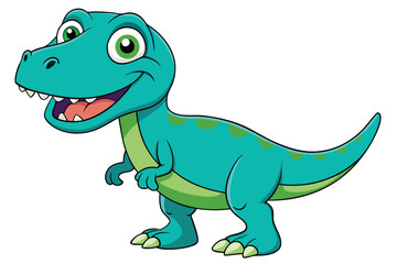 A cheerful cartoon tyrannosaurus with green scales and bright eyes stands smiling on a white background, Tyrannosaurus cartoon on white background.