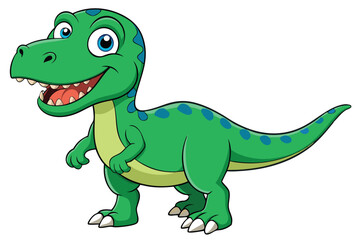 Fototapeta premium A cheerful cartoon tyrannosaurus with green scales and bright eyes stands smiling on a white background, Tyrannosaurus cartoon on white background.