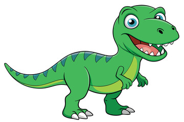 A cheerful cartoon tyrannosaurus with green scales and bright eyes stands smiling on a white background, Tyrannosaurus cartoon on white background.