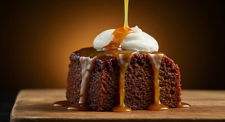 Delicious Sticky Toffee Pudding Garnished With Caramel And Cream Delight