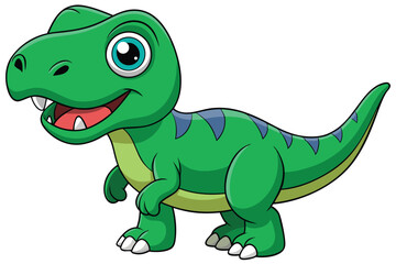 Fototapeta premium A cheerful cartoon tyrannosaurus with green scales and bright eyes stands smiling on a white background, Tyrannosaurus cartoon on white background.