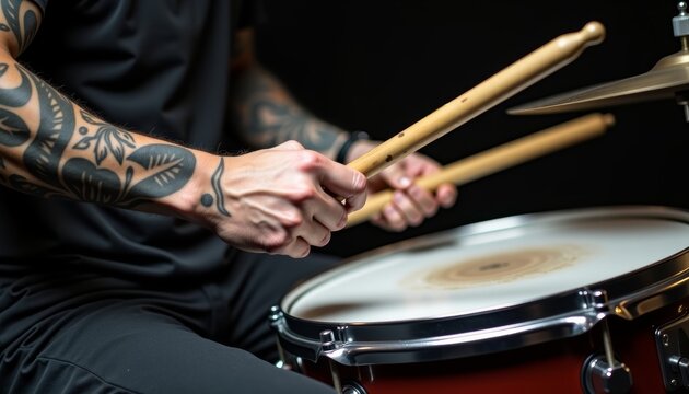Hands playing drums with intensity against a dark backdrop  
