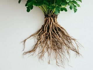 Plant's roots and leaves contrast stark white backdrop