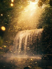 Enchanted waterfall amidst the forest's embrace, bathed in radiant golden light