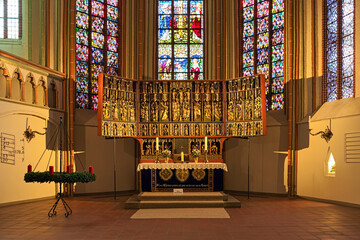 Luneburg, Germany. Altar of St. Johannis (Church of John the Baptist). The church was built between 1300 and 1370. The carved altar was made in the 15th century.