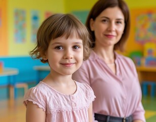 A girl and a teacher teacher in an elementary school room