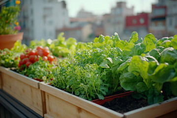 Thriving Urban Rooftop Garden with Lush Greenery Overlooking City Skyline