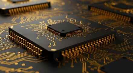 Close-up of Multiple Microchips on a Gold Circuit Board
