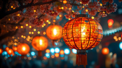 Illuminated Orange Lanterns and Cherry Blossoms at Night