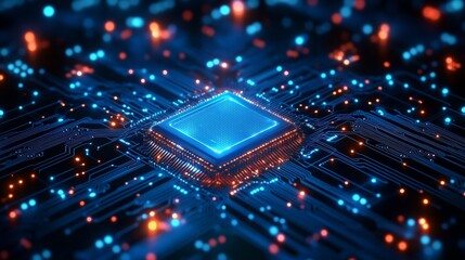Fototapeta premium Futuristic glowing microchip on motherboard with neon lights, representing technology, innovation, and digital power.