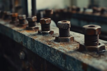 Rusty bolts and nuts on a metal plate