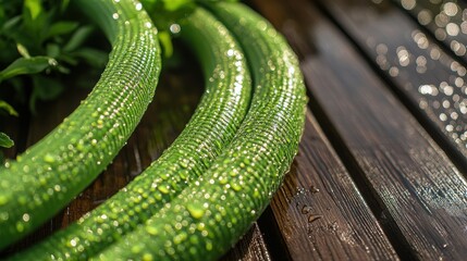 Obraz premium A close-up shot of a bright green garden hose coiled neatly on a wooden surface, with water droplets glistening in the sunlight.