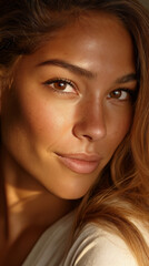 Obraz premium Nahportrait einer jungen Frau mit goldbrauner Haut und natürlichem Look im warmen Sonnenlicht