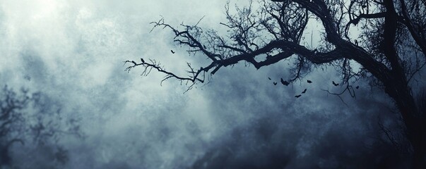 Birds and bats flying over spooky dead tree branches