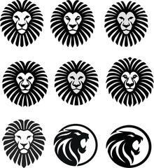 Lion head silhouette icon set, flat vector style, forward-facing, sunburst mane, radial pattern, wild big cat symbols, bold feline, king of the jungle, modern minimalist animal icons.collection, icons