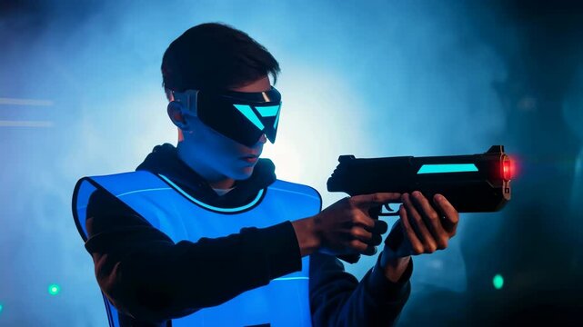 Young man playing laser tag game, firing laser gun, wearing protective glasses and vest