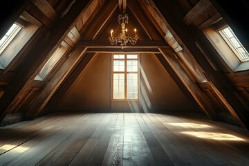 Obraz premium Vintage pendant light under the wooden beam in the attic