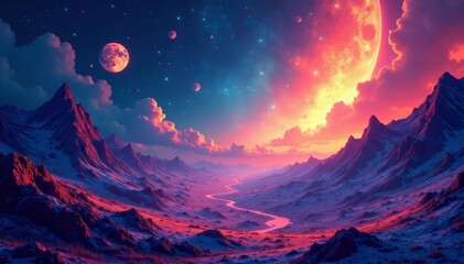 Fototapeta premium Abstract generative AI depiction of cosmic landscapes with bright hues and intricate patterns, landscapes, technology, digital art