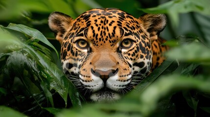 Obraz premium A close-up of a jaguar's face, partially concealed by lush green foliage, showcasing its striking features and piercing gaze.