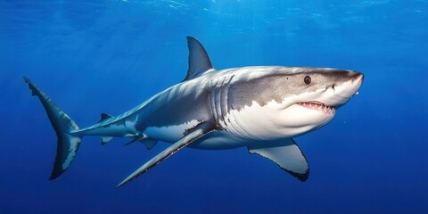 A majestic great white shark swims gracefully through clear blue waters, showcasing its powerful form and sharp features.
