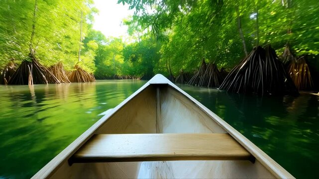 Point of view of canoe navigating on calm river inside tropical mangrove forest