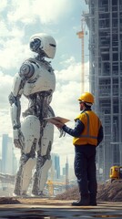 Obraz premium A towering robot and construction worker on a city construction site.