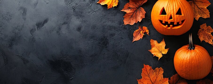 Halloween pumpkin jack o lantern on black background with autumn leaves
