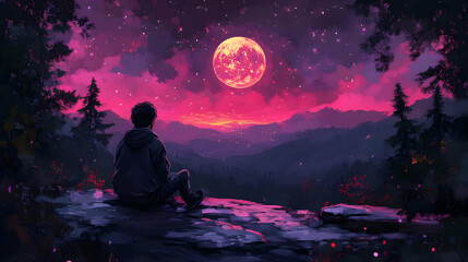 Obraz premium Person Silhouetted Against a Pink and Purple Night Sky with a Large Red Moon