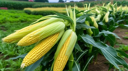 Obraz premium Close up of fresh corn ears growing in a lush green field with vibrant colors and rich texture