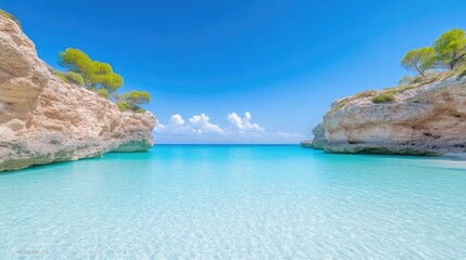 Fototapeta premium Secluded Cove Turquoise Waters Vibrant Sunny Style High-Definition Landscape Wide Panoramic View Crystal Clear Water Relaxation Paradise Bright Azure Tones Ideal for Travel Brochures