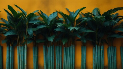 Lush green leaves displayed against vibrant yellow background creating a fresh modern aesthetic