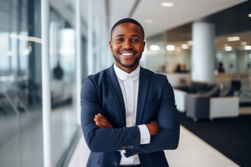 Fototapeta premium Smiling portrait of a young African American businessman in a modern business office in new york