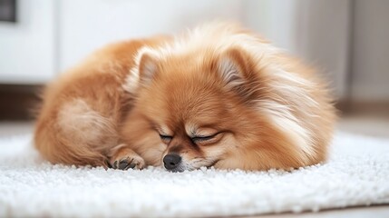 Fluffy Pomeranian curled up on a soft white rug Peaceful