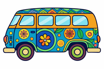 Retro hippie van colorful floral design illustration for peace and travel
