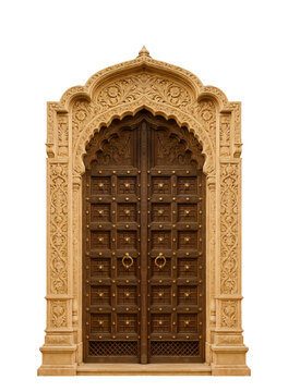 Traditional Indian wooden door with carved arch