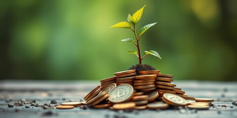 A small plant sprouts from a handful of coins, symbolizing growth and investment, growth, quarter