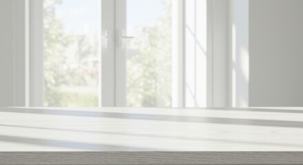 Fototapeta premium Bright sunlight through window illuminating clean white surface ideal for product displays